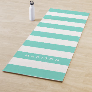 Tapis De Yoga Personnaliser le nom Preppy Turquoise & White Stri