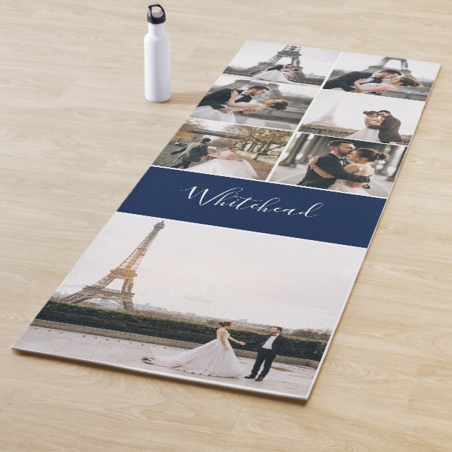 Tapis De Yoga Photo Collage Navy Monogramme moderne (En situation)