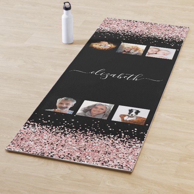 Tapis De Yoga Photo collage noir rose or nom parties scintillant (En situation)