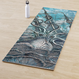 Tapis De Yoga Pieuvre géante Mer Bleue Monstre Voilier