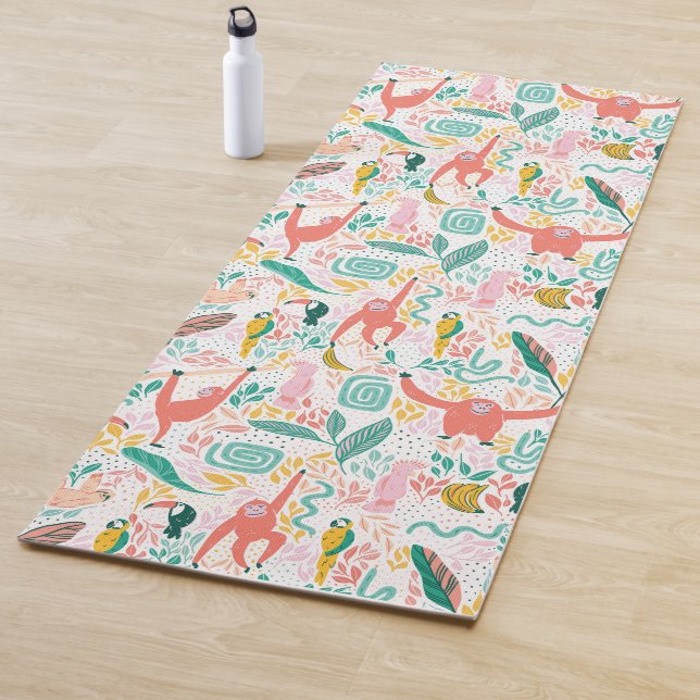 Tapis De Yoga Pink Happy Jungle Animal Motif et Feuilles tropica (En situation)