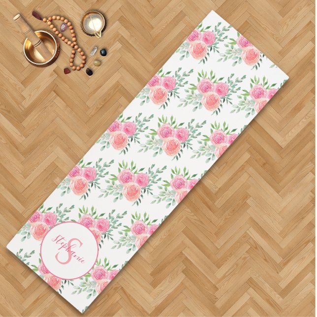 Tapis De Yoga Pink Pastel Floral Aquarelle Nom Monogramme (Créateur téléchargé)