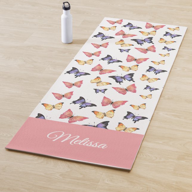 Tapis De Yoga Pink Purple Butterflies Custom Name (En situation)