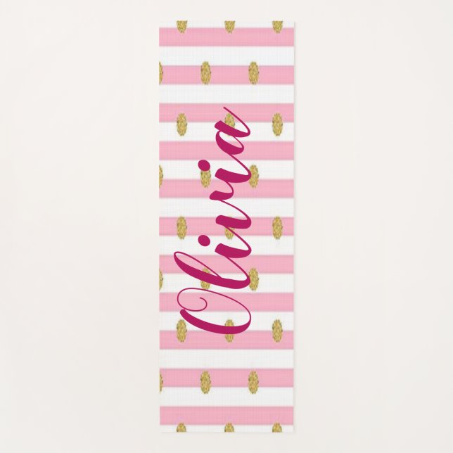 Tapis De Yoga Pink Stripes & Gold Polkadot Personnalisé (Devant)