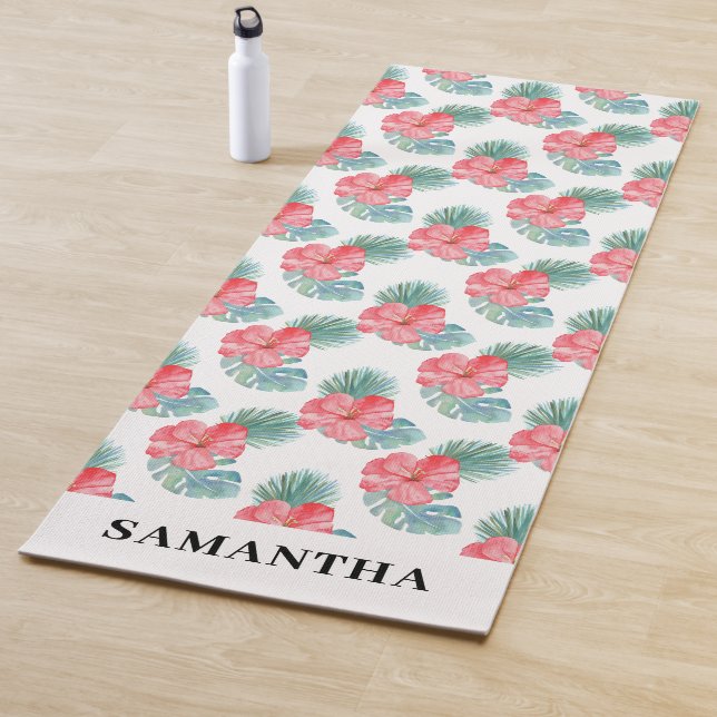 Tapis De Yoga Pink Tropical Floral Aquarelle Nom Yoga Mat (En situation)
