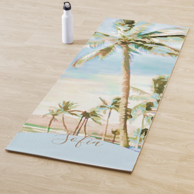 Tapis De Yoga Plage hawaïenne peinte Mauna Lani Bay, Bleu (En situation)