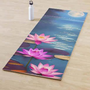 Tapis De Yoga Pleine lune et belles fleurs de Lotus roses