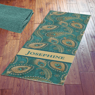 Tapis De Yoga Plume de paon Paisley Sarcelle Or Nom Vintage