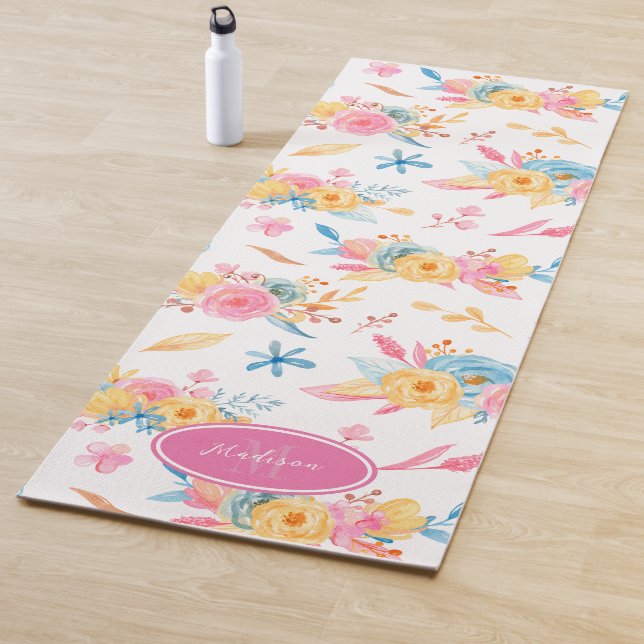 Tapis De Yoga Plutôt rose Motif Floral Monogramme (En situation)