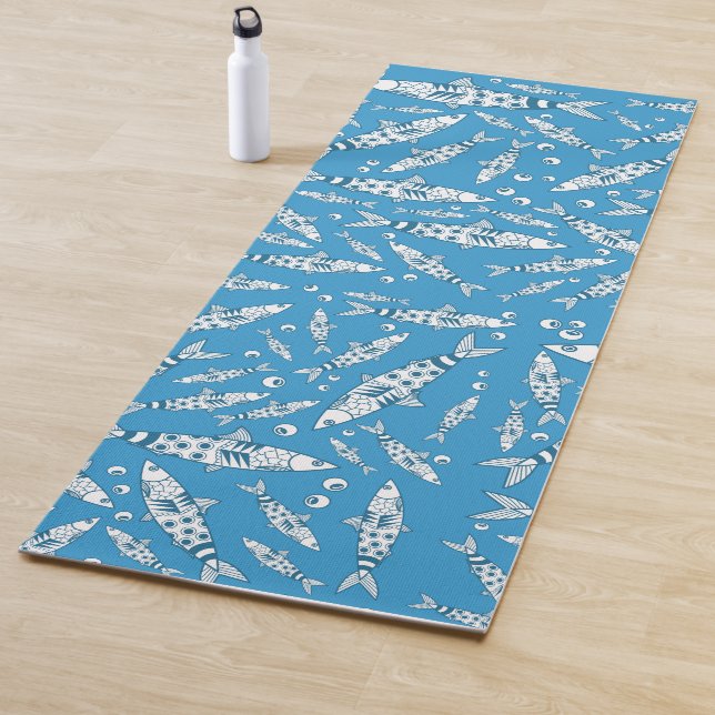 Tapis De Yoga Portugais Lisbonne Sardines Motif Azulejos Bleu (En situation)