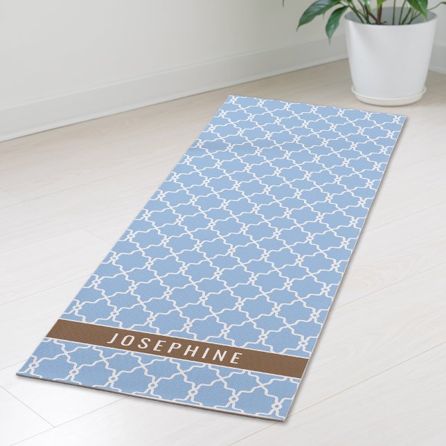 Tapis De Yoga Powder Blue And Brown Trellis Pattern With Name (Créateur téléchargé)