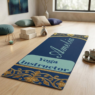 Tapis De Yoga Professeur de Yoga Bleu Marine Turquoise |Fleurs O
