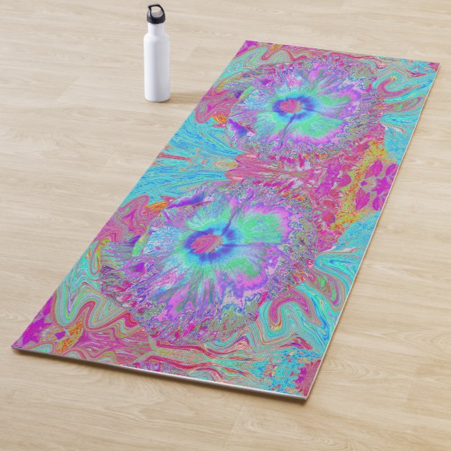 Tapis De Yoga Psychédélique rétro arc-en-ciel bleu Hibiscus (En situation)