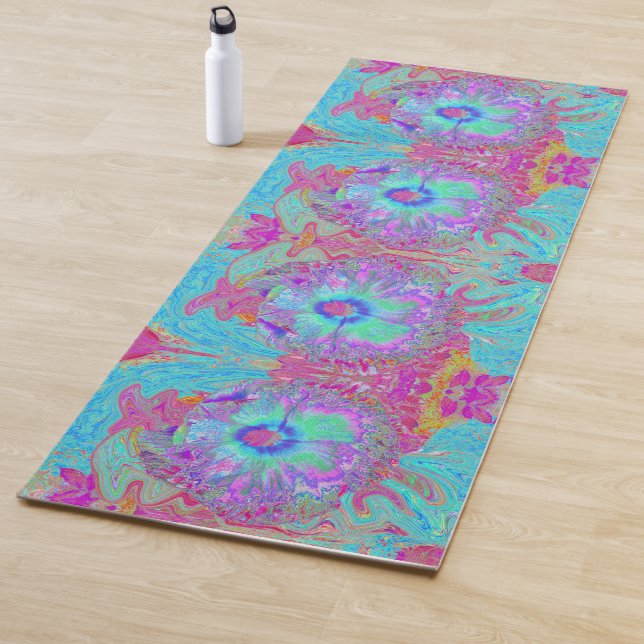 Tapis De Yoga Psychédélique rétro arc-en-ciel bleu Hibiscus (En situation)