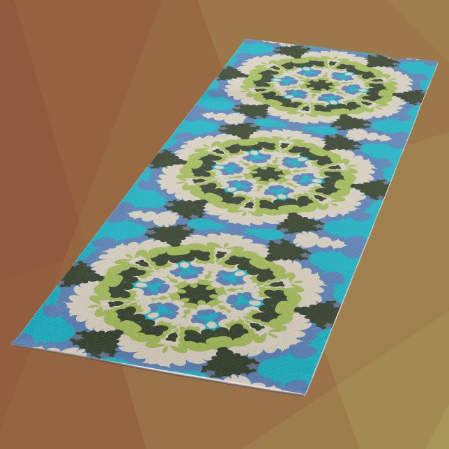 Tapis De Yoga Retro Mandala bleu vert blanc et noir (Créateur téléchargé)