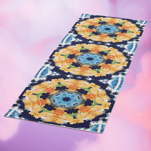 Tapis De Yoga Rétro Mandala jaune bleu et orange (Créateur téléchargé)