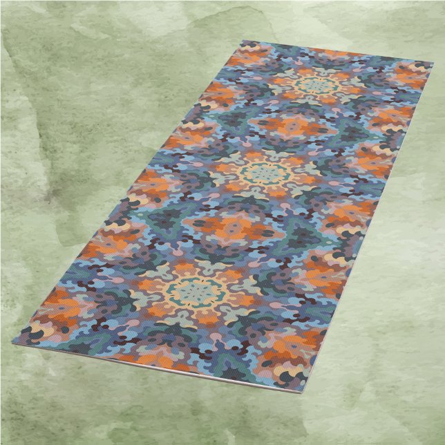 Tapis De Yoga Rétro Mandala Orange Bleu et Jaune (Créateur téléchargé)