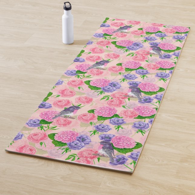 Tapis De Yoga Robin et fleurs, motif aquarelle (En situation)