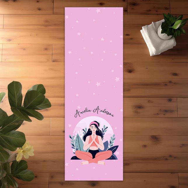 Tapis De Yoga Rose & Bleu mignonne fille en méditation avec fleu (Pink & Blue Cute Girl in Meditation with Flowers Yoga Mat)