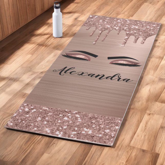 Tapis De Yoga Rose Gold Glitter Sparkle Eyelashes Monogram (Créateur téléchargé)