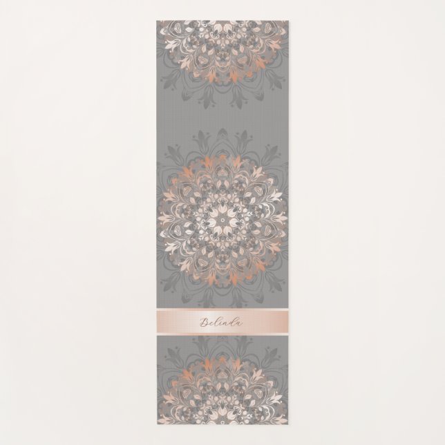 Tapis De Yoga Rose Gold Grey Floral Mandala Monogramme (Devant)