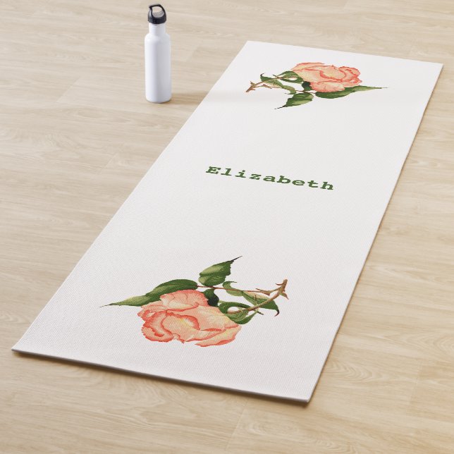 Tapis De Yoga Rose rose et pêche aquarelle botanique (En situation)