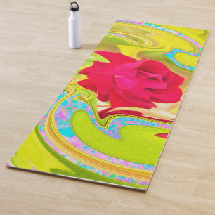Tapis De Yoga Rose Rouge Abstraite sur Tourbillon Jaune et Aqua