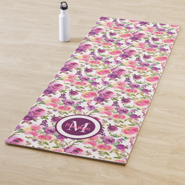 Tapis De Yoga Rose violet Roses Aquarelle Fleur Floral (En situation)