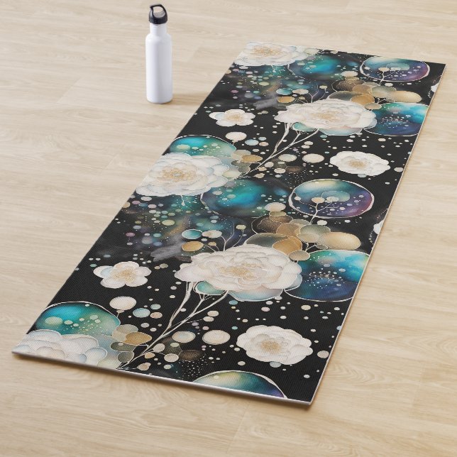 Tapis De Yoga Roses Et Bulles Abstrait sur Noir (En situation)
