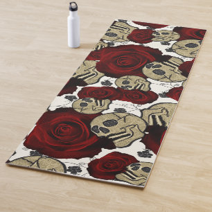 Tapis De Yoga Roses et crânes rouges Noir Floral Blanc gothique