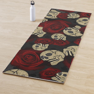 Tapis De Yoga Roses Rouges & Crânes Floral Gothique Gris Noir