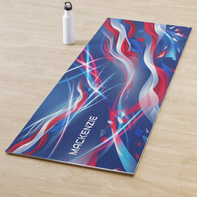 Tapis De Yoga Rouge Blanc Bleu Abstrait avec Votre Nom (En situation)