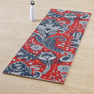Tapis De Yoga Rouge Blanc & Bleu Floral Paisley Bohème Boho