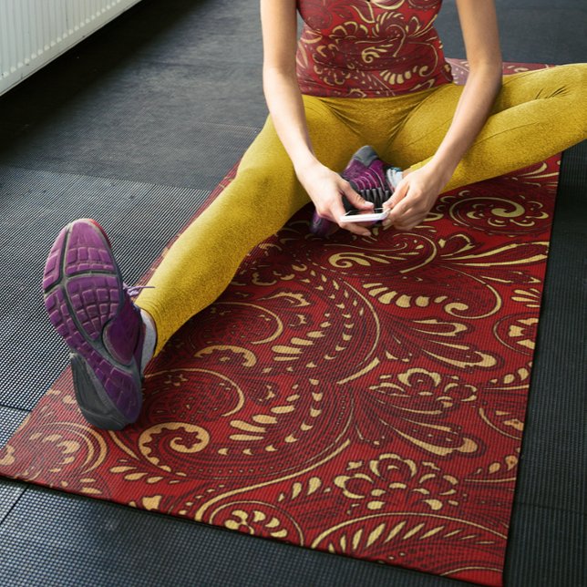 Tapis De Yoga Rouge romantique gras damassé paisley floral gras  (Créateur téléchargé)