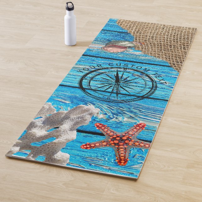 Tapis De Yoga Rustique Nautique Bleu Burlap Starfish (En situation)