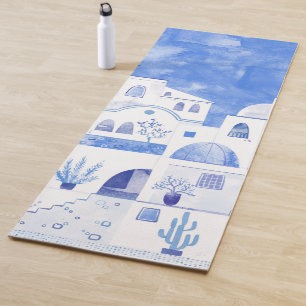 Tapis De Yoga Santorin Oia Ile grecque Aquarelle Townscape