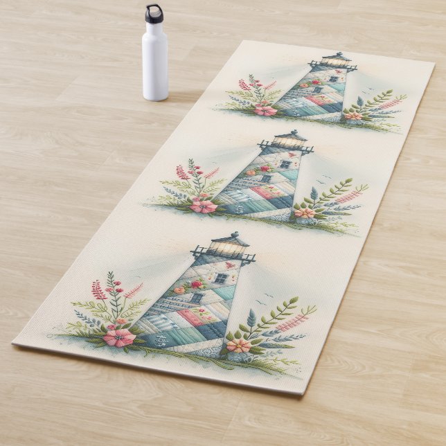 Tapis De Yoga Scène florale côtière du phare patchwork (En situation)