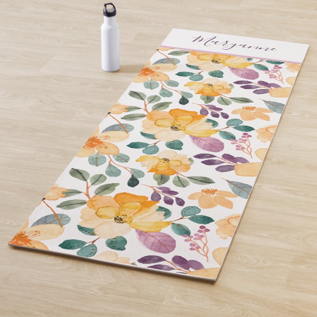 Tapis De Yoga Script Floral Impression Lilac Jaune (En situation)