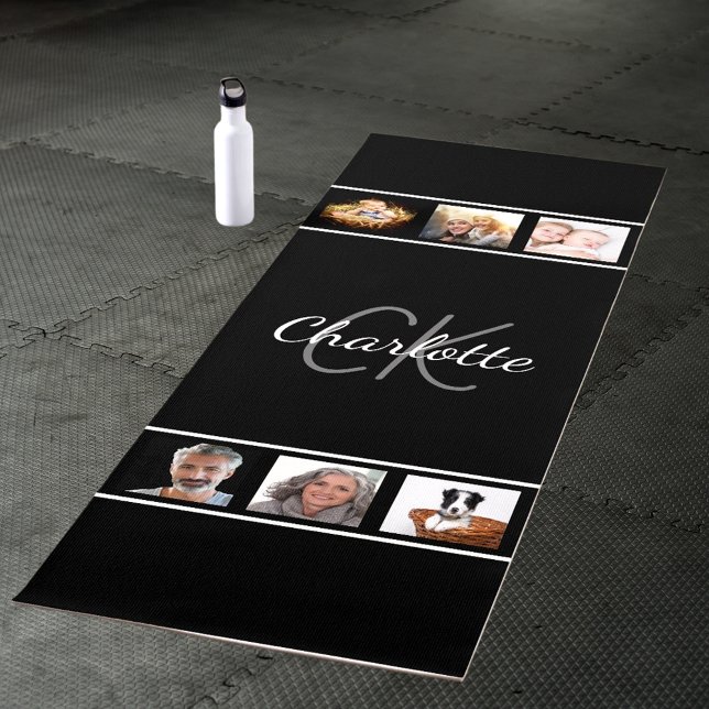Tapis De Yoga Script monogramme noir blanc photo collage photo (Créateur téléchargé)