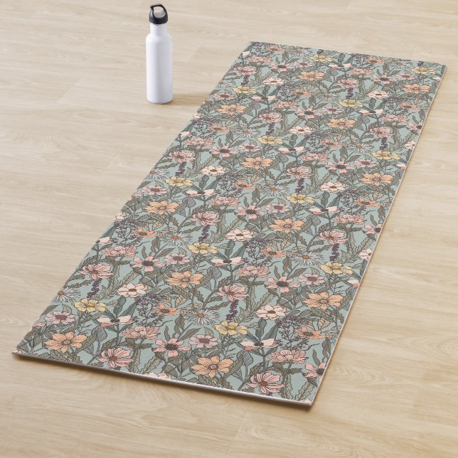 Tapis De Yoga Seafoam Pink Yellow Retro Wildflower (En situation)