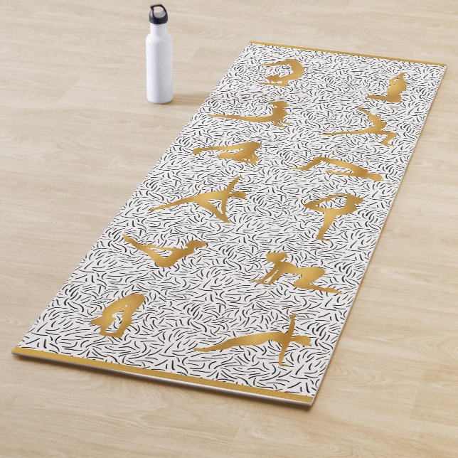 Tapis De Yoga Silhouettes en Pose de Yoga Or sur Noir & Blanc (En situation)
