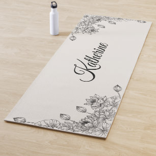 Tapis De Yoga Simple Moderne Floral Script Nom Crème Lotus