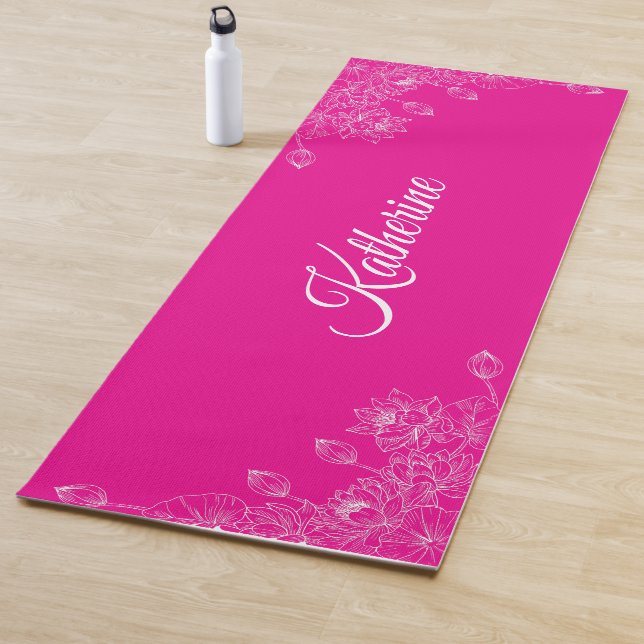 Tapis De Yoga Simple Moderne Floral Script Nom Rose Chaud Lotus (En situation)