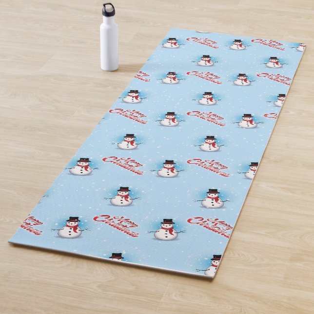 Tapis De Yoga Snowman traditionnel avec Joyeux Noël sur BLEU (En situation)
