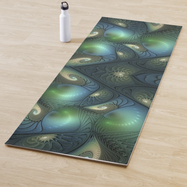 Tapis De Yoga Spirales Beige Vert Turquoise Abstrait Fractal Art (En situation)