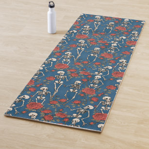 Tapis De Yoga Squelettes Joyeux Et Roses Rouges Denim Bleu