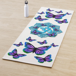 Tapis De Yoga Style mandala bleu ohm avec papillons violets