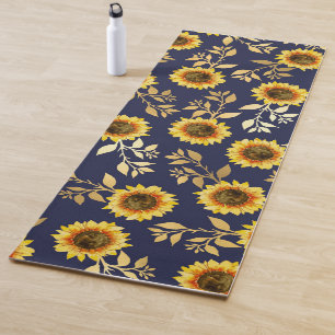 Tapis De Yoga Sunny Yellow Gold Navy Feuille Motif