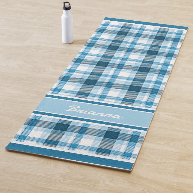 Tapis De Yoga Tartan plat blanc bleu Turquoise foncé personnalis (En situation)