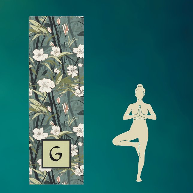 Tapis De Yoga Teal Green Chinoiserie Initial Tropical Floral (Créateur téléchargé)